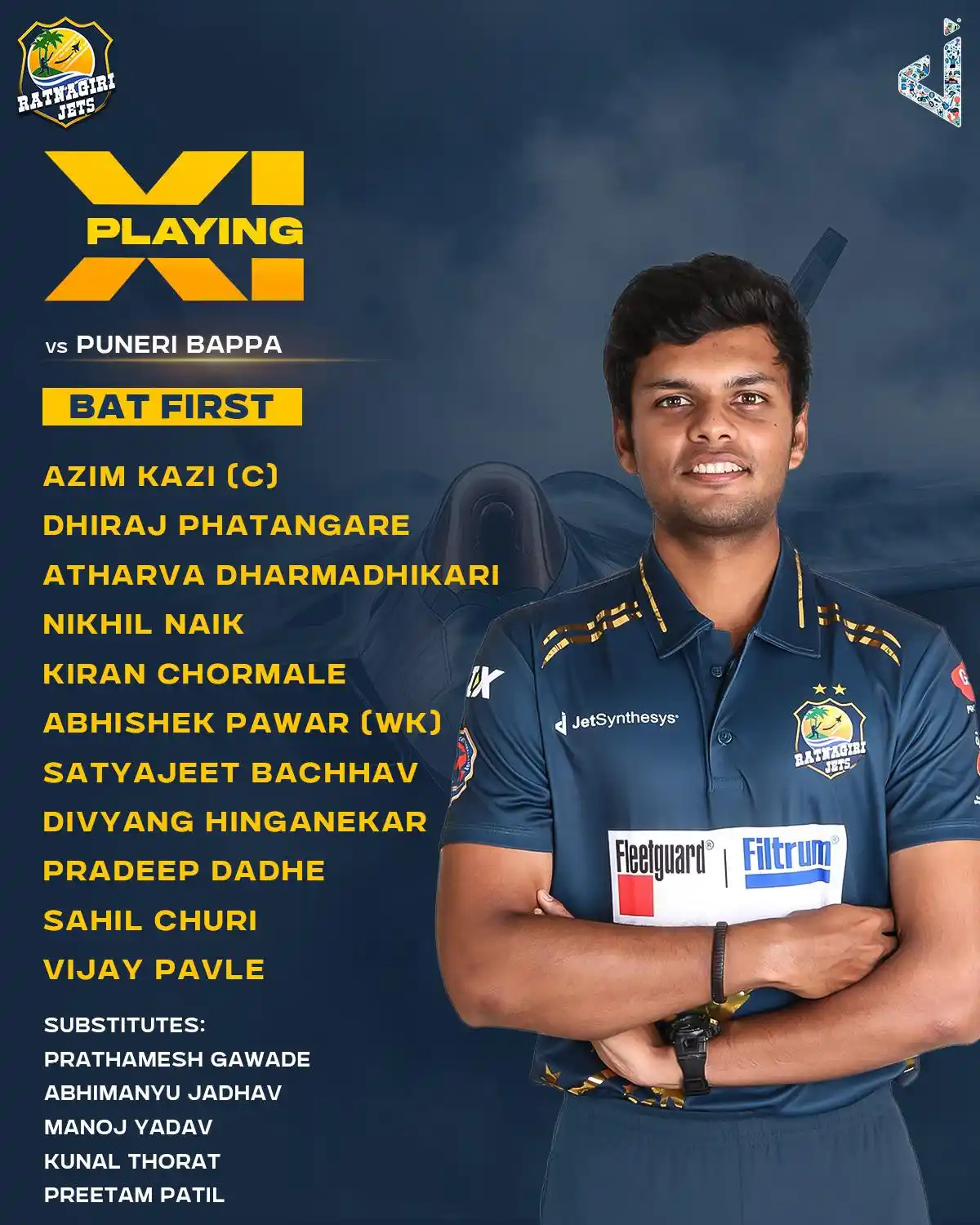 Image from Ratnagiri Jets: Our playing XI to feature against Puneri Bappa 🚀...