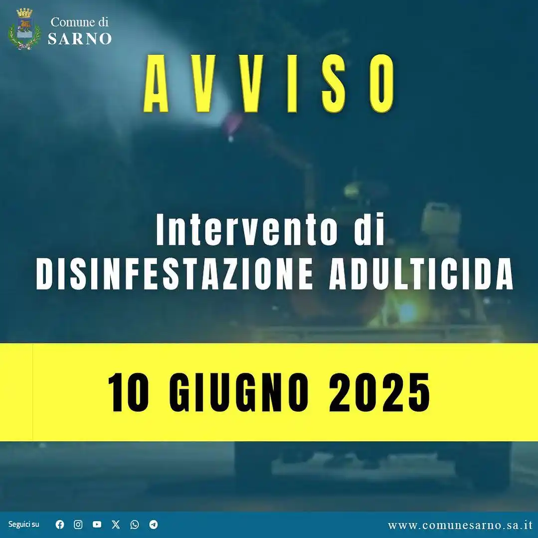 Image from Comune di Sarno: 𝐀𝐕𝐕𝐈𝐒𝐎 ALLA CITTADINANZA Si informa che martedì 10 giugno 2025, ...