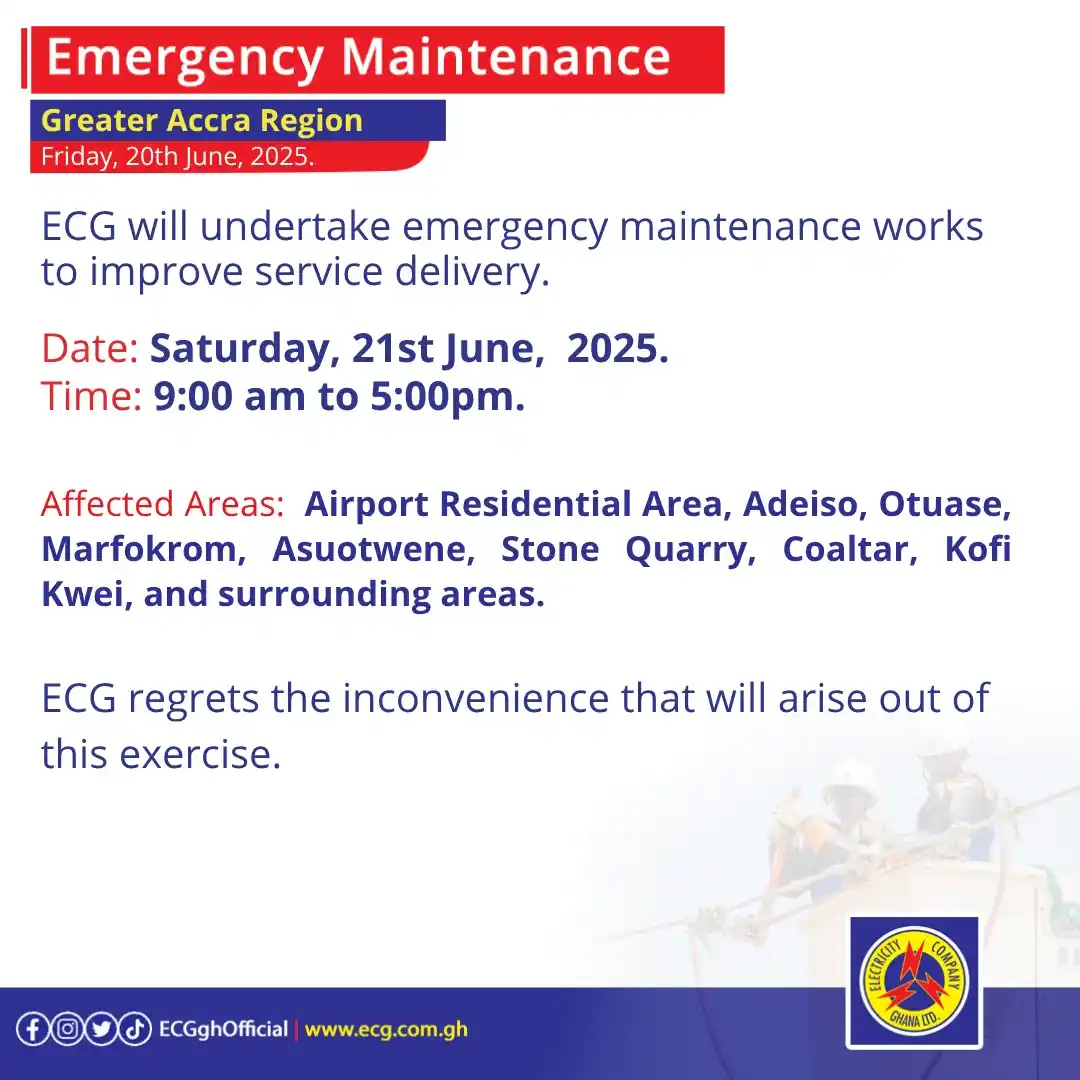 Image from Electricity Company Of Ghana (ECG): Emergency Maintenance- Greater Accra Region...