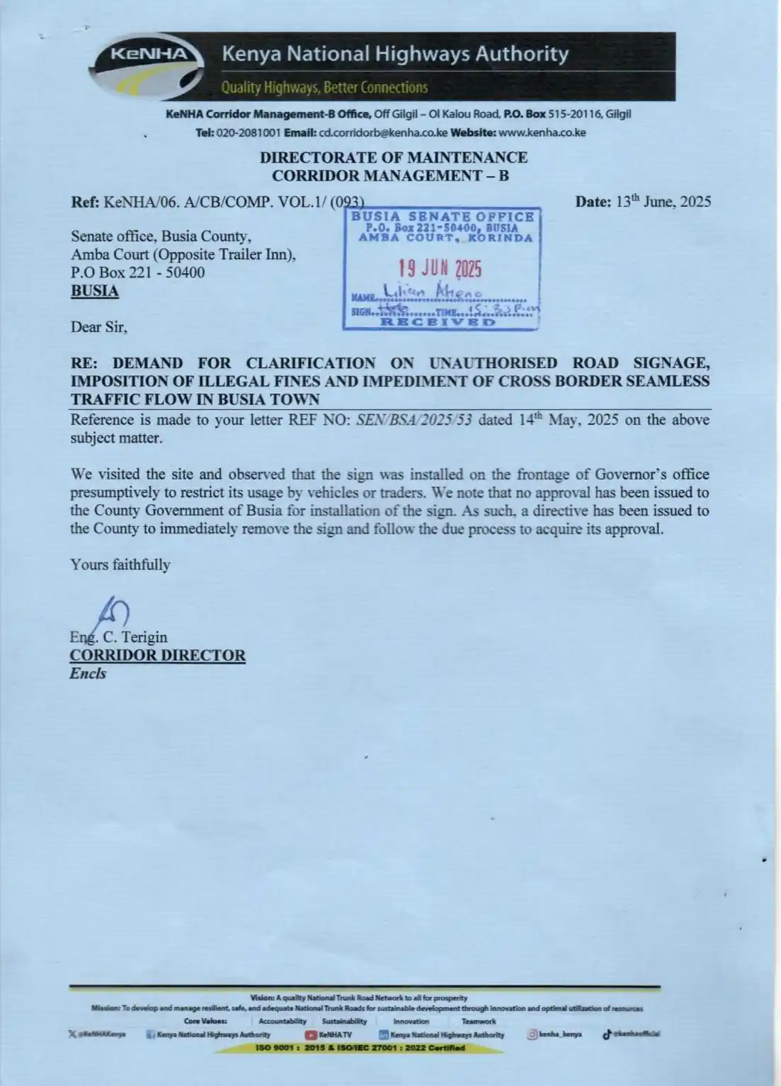 Image from Okiya Omutata The6th: Following our formal complaint, KeNHA has confirmed Busia County gover...
