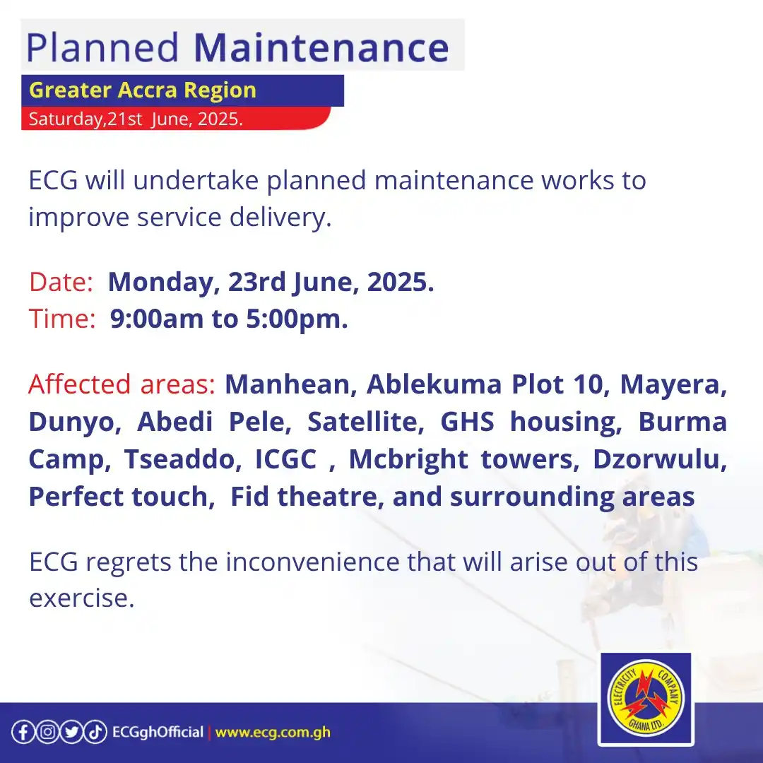 Image from Electricity Company Of Ghana (ECG): Planned Maintenance- Greater Accra Region...