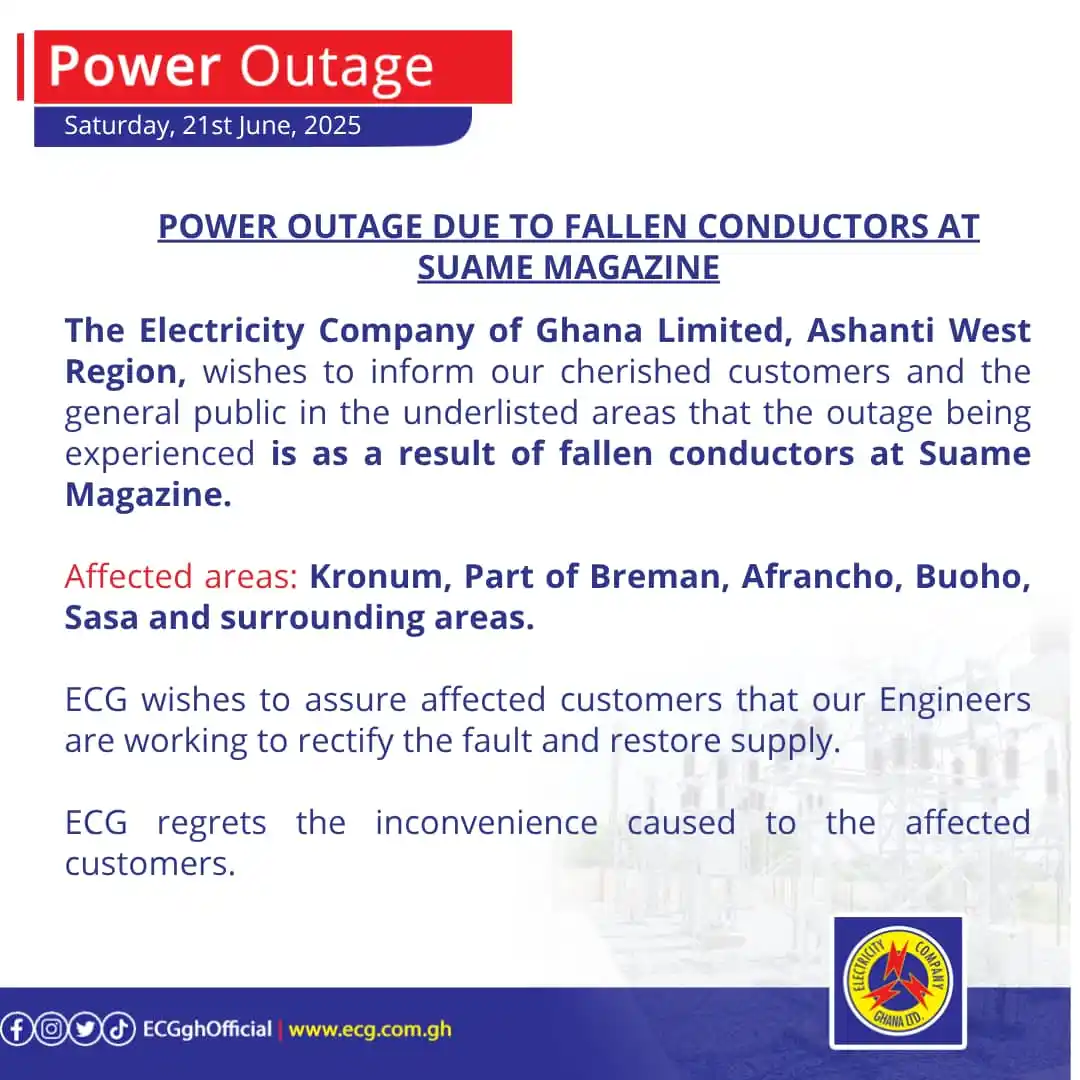 Image from Electricity Company Of Ghana (ECG): Power Outage- Ashanti Region...