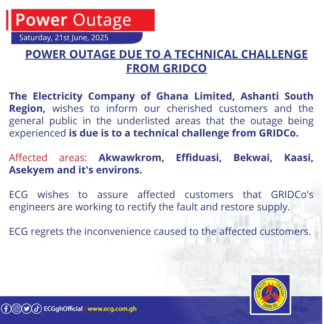 Image from Electricity Company Of Ghana (ECG): Power Outage- Ashanti Region...