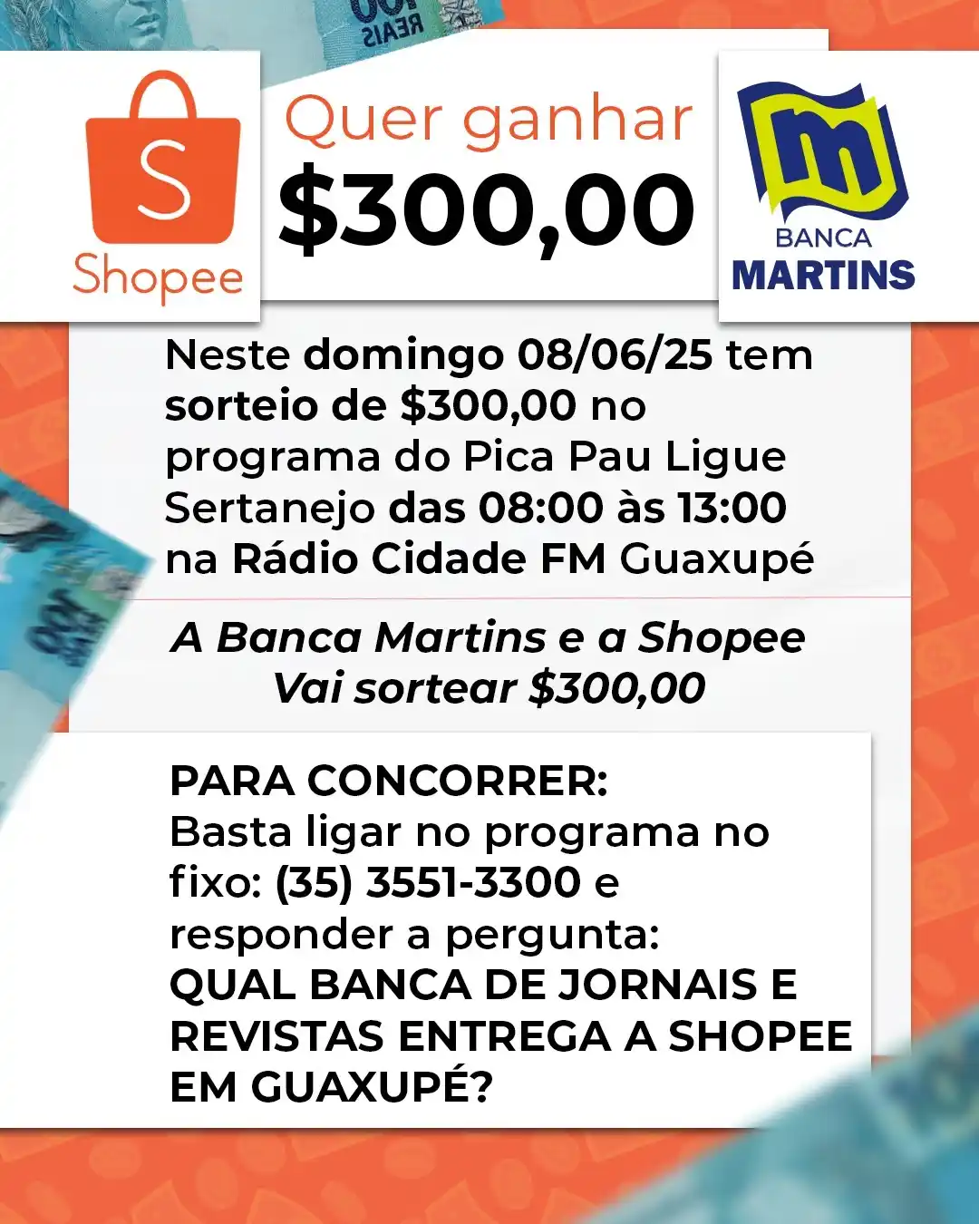 Image from JORNAL CORREIO SUDOESTE GUAXUPE MG: 🎉 *Quer ganhar R$ 300,00 neste domingo?* 🎉 A *Banca Martins*, em par...