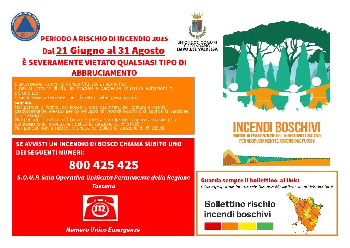 Image from Comune di Empoli: ⚠️ RISCHIO INCENDI BOSCHIVI🔥  Dal 21 Giugno fino al 31 Agosto 2025 È ...