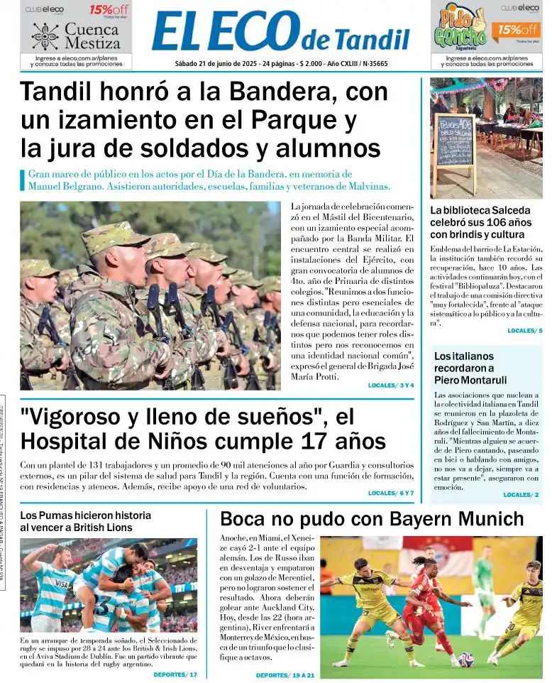 Image from El Eco de Tandil: 🗞️ Sabado 21 de junio de 2025. Tapa de El Eco de Tandil. *Informate a...