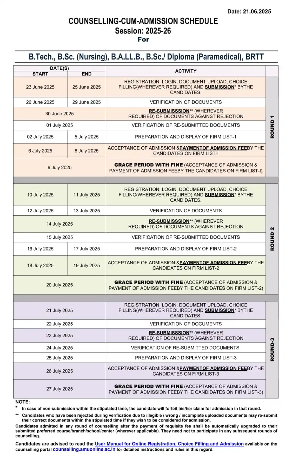 Image from amutestinfo: Counselling-cum-Admission Schedule for B.Tech., B.Sc. (Nursing), B.A.L...