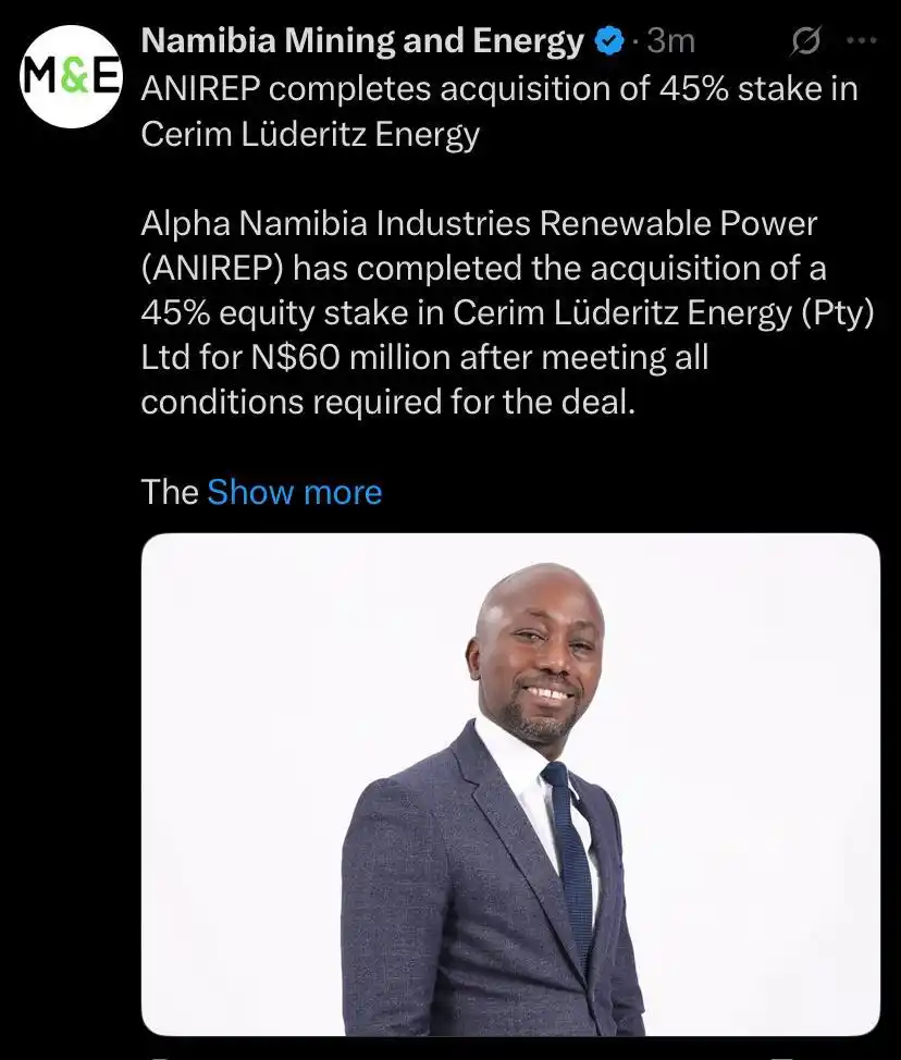 Image from The Brief Live and Namibia Mining & Energy : https://miningandenergy.com.na/anirep-completes-acquisition-of-45-stak...