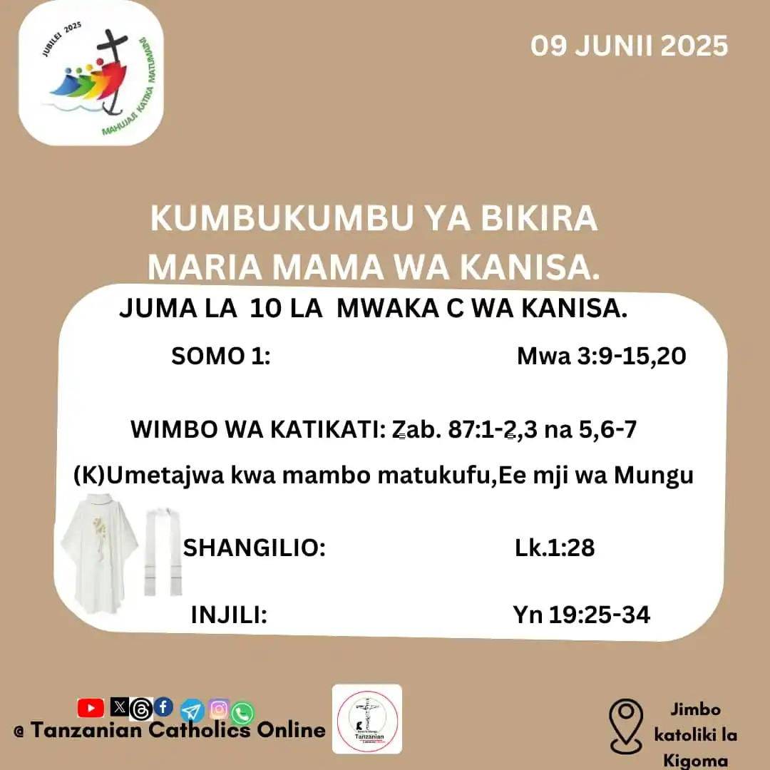 Image from Tanzanian Catholics Online: MASOMO YA MISA, JUNI 09, 2025 JUMATATU JUMA LA 10 MWAKA C WA KANISA @...