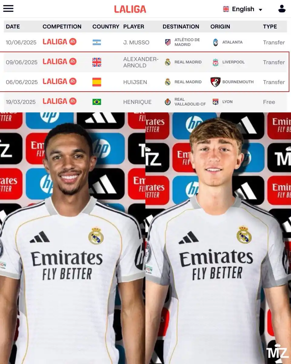 Image from Transfermercato.com: 🚨 رسميًا: ريال مدريد قام بتسجيل ترينت ألكسندر-أرنولد ودين هويسن في سج...