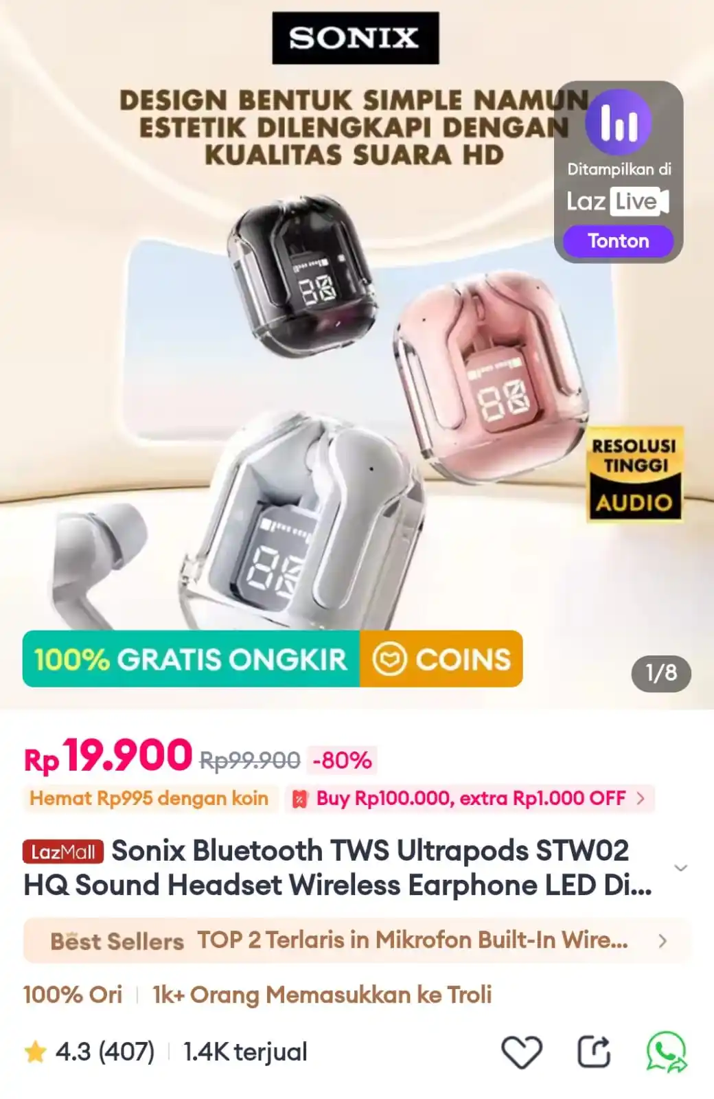 Image from Promo Racun Shopee x Lazada Serba Recehan🔥: TWS Ultrapods STW02 HQ Sound Headset Wireless Earphone LED Display Tra...