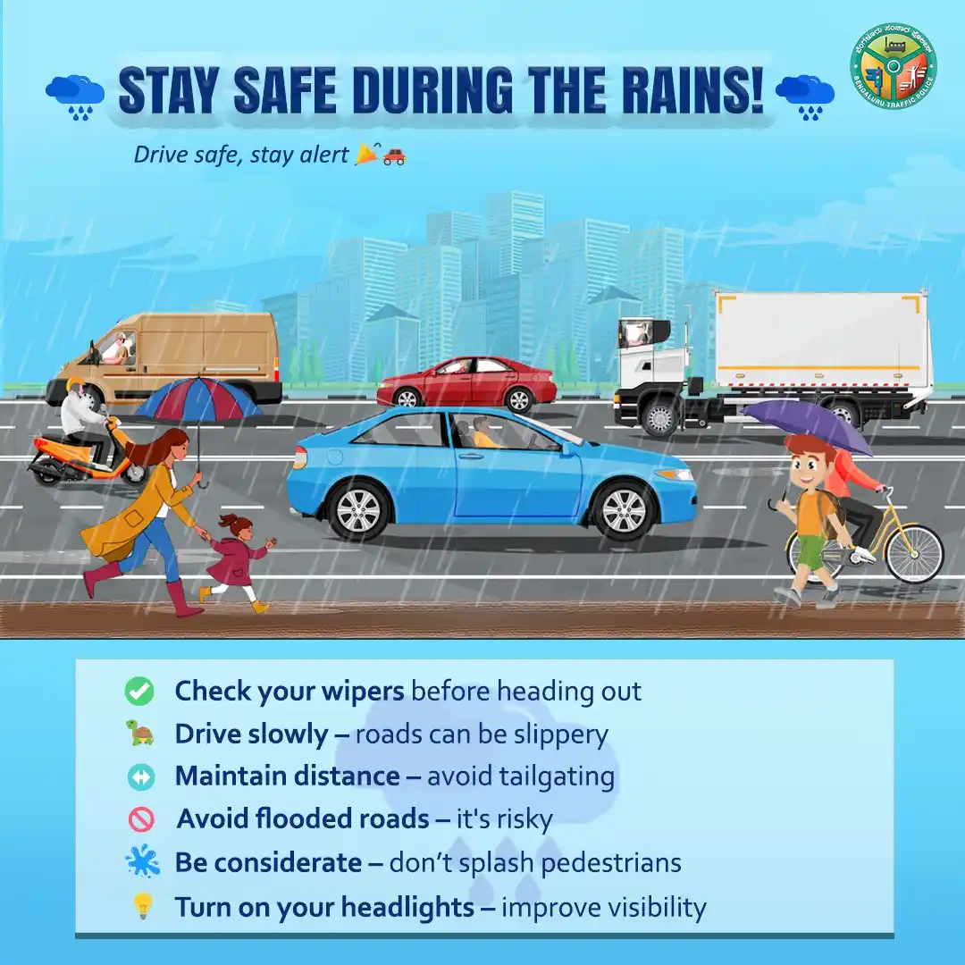 Image from Bengaluru City Police: Bengaluru rains may bring cool breezes, but they also bring slippery r...