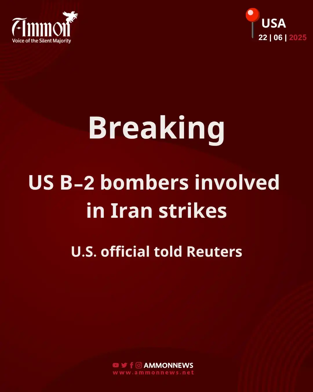 Image from Ammon News English : US B-2 bombers involved in Iran strikes, U.S. official says https://en...