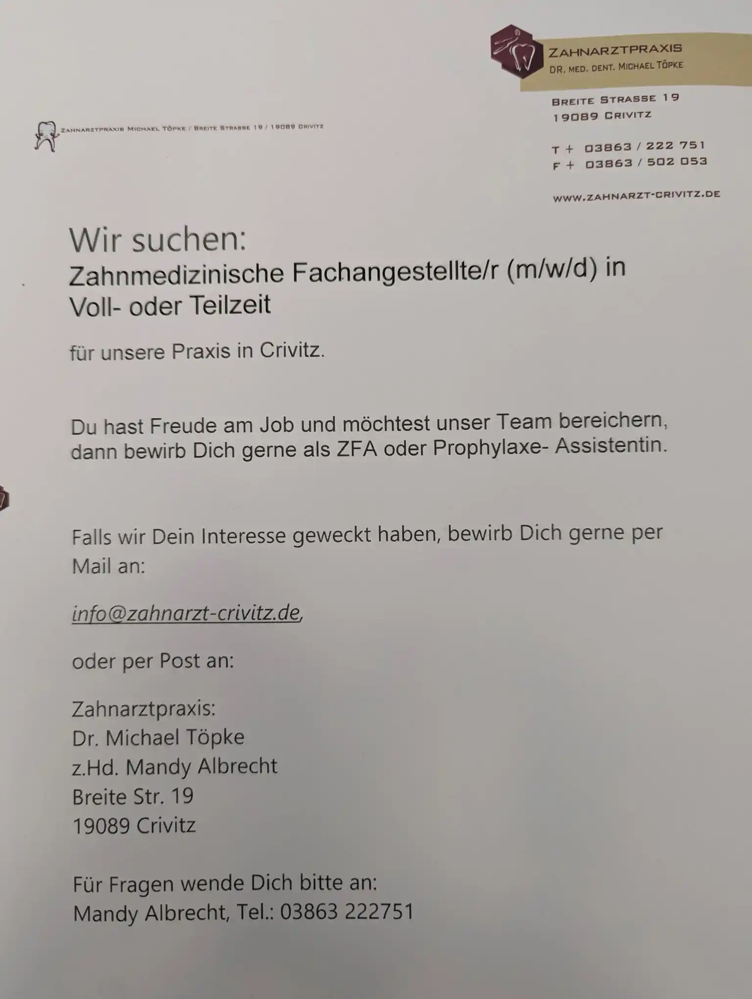 Image from Annas LADEN Schaukasten Crivitz & Umgebung: Arbeit vor Ort: Crivitz  🦷 Verstärkung gesucht! Die Zahnarztpraxis Dr...