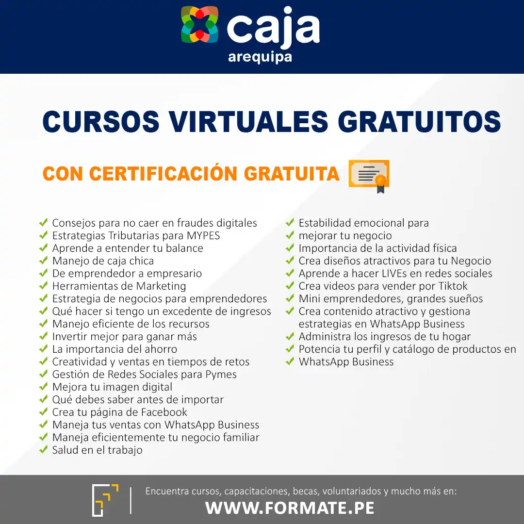 Image from Convocatorias Administración: Empleos - Prácticas - Capacitaciones: 📢 ¡Cursos virtuales gratuitos! Organizada por la caja Arequipa ✅Más i...