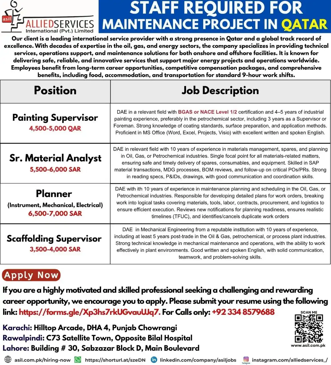 Image from Allied Services International Private Limited Gulf Jobs (Saudi UAE Qatar) By Allied Services: *ENGINEERS & SUPERVISORS REQUIRED FOR MAINTENANCE PROJECT IN QATAR*  O...