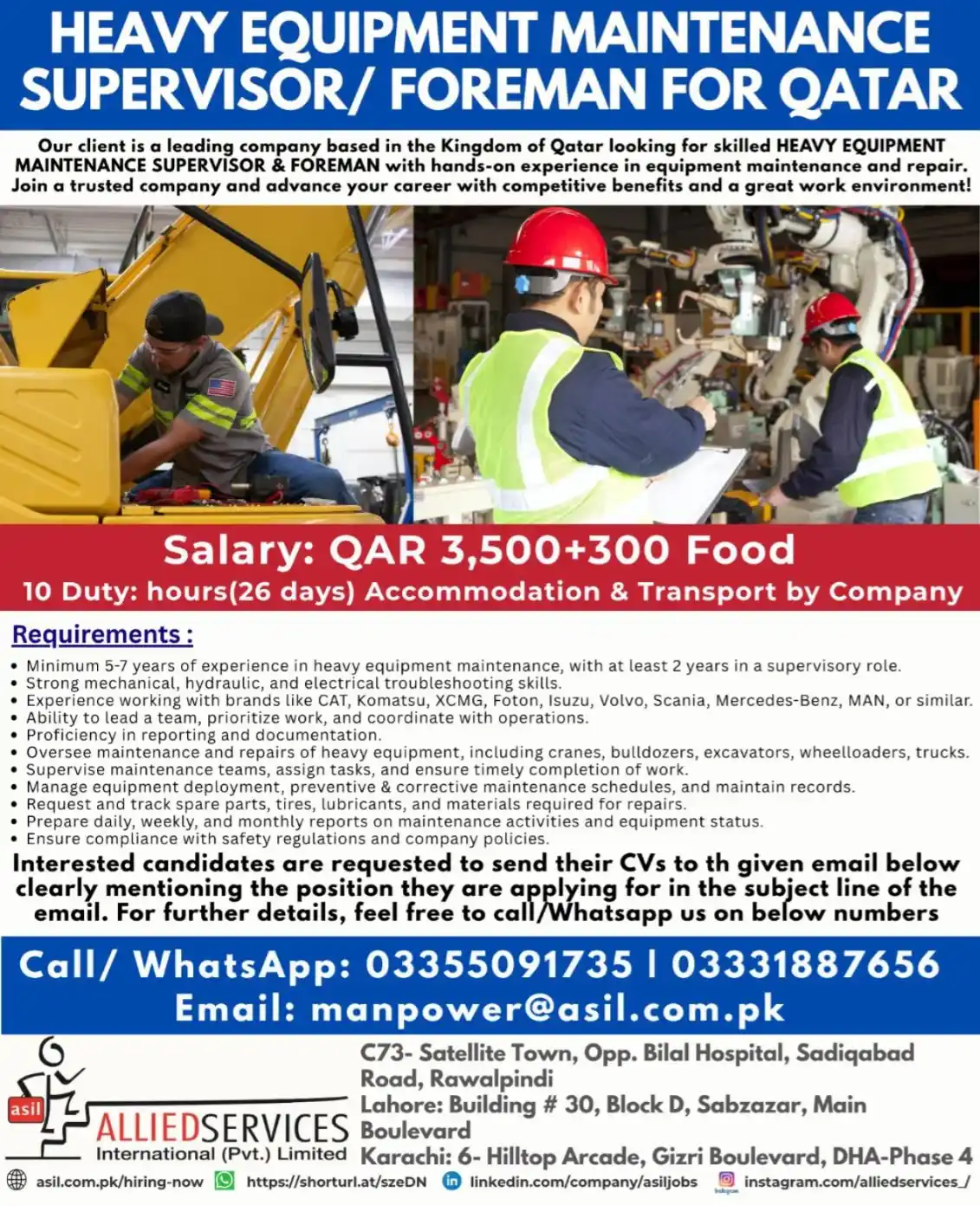 Image from Allied Services International Private Limited Gulf Jobs (Saudi UAE Qatar) By Allied Services: *HEAVY EQUIPMENT MAINTENANCE* *SUPERVISOR/ FOREMAN FOR QATAR* Salary: ...