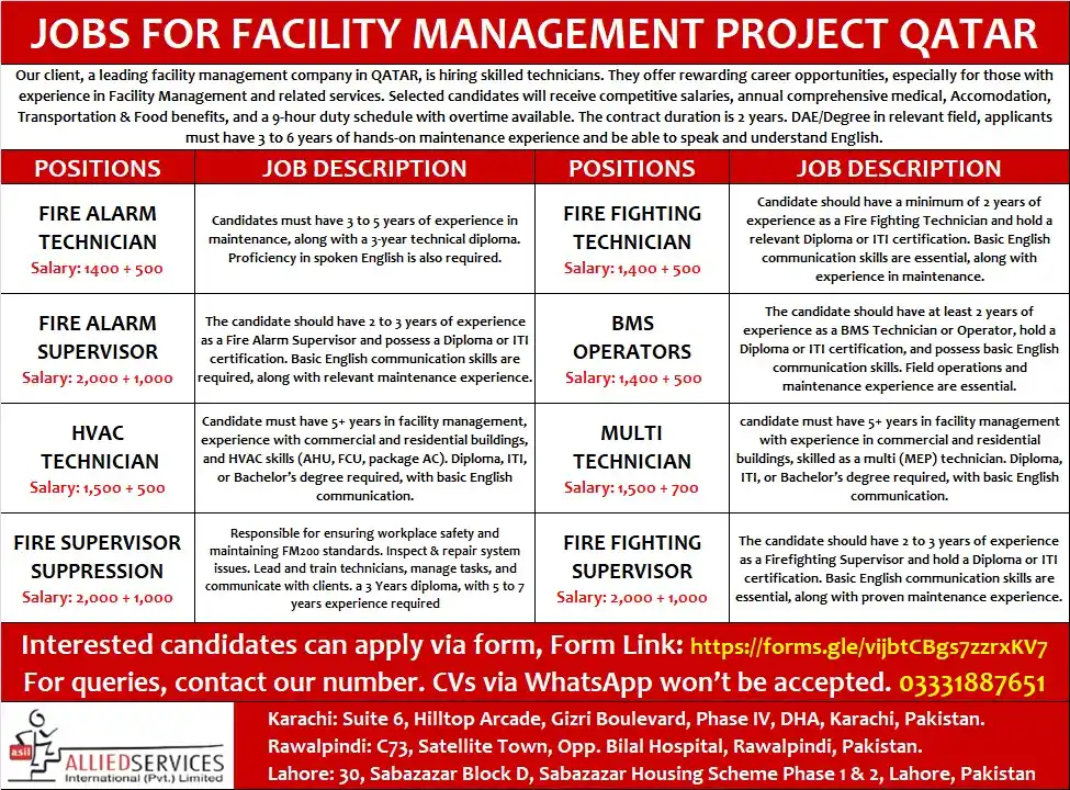 Image from Allied Services International Private Limited Gulf Jobs (Saudi UAE Qatar) By Allied Services: *JOBS FOR FACILITY MANAGEMENT PROJECT QATAR* Our client is one of the...