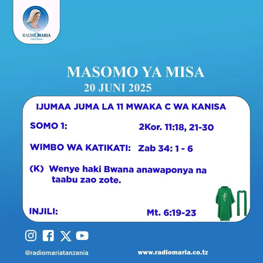 Image from Radio Maria Tanzania: MASOMO YA MISA, JUNI 20, 2025 JUMA LA 11 LA MWAKA C WA KANISA,IJUMAA  ...