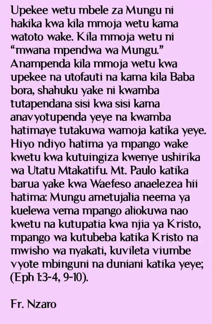 Image from Radio Maria Tanzania: Mungu ametupatia neema ya kuelewa mpango alionao kwetu. Kazi kwetu kuj...