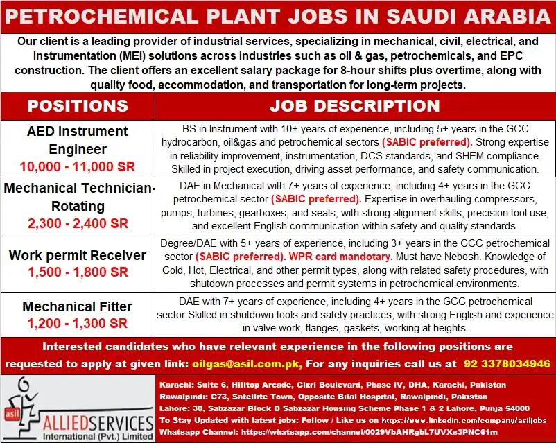 Image from Allied Services International Private Limited Gulf Jobs (Saudi UAE Qatar) By Allied Services: PETROCHEMICAL PLANT JOBS IN SAUDI ARABIA Our client is a leading prov...