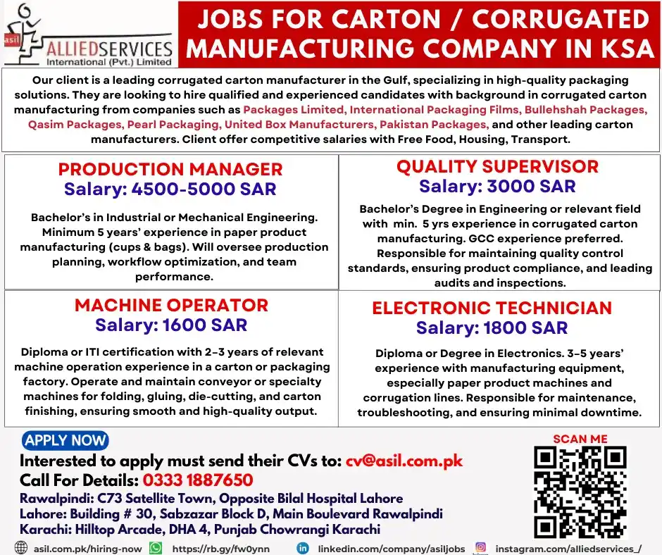 Image from Allied Services International Private Limited Gulf Jobs (Saudi UAE Qatar) By Allied Services: STAFF REQUIRED FOR CARTON / CORRUGATED MANUFACTURING COMPANY IN SAUDI ...