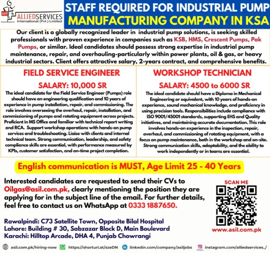Image from Allied Services International Private Limited Gulf Jobs (Saudi UAE Qatar) By Allied Services: *STAFF REQUIRED FOR INDUSTRIAL PUMP MANUFACTURING COMPANY IN KSA*   Ou...