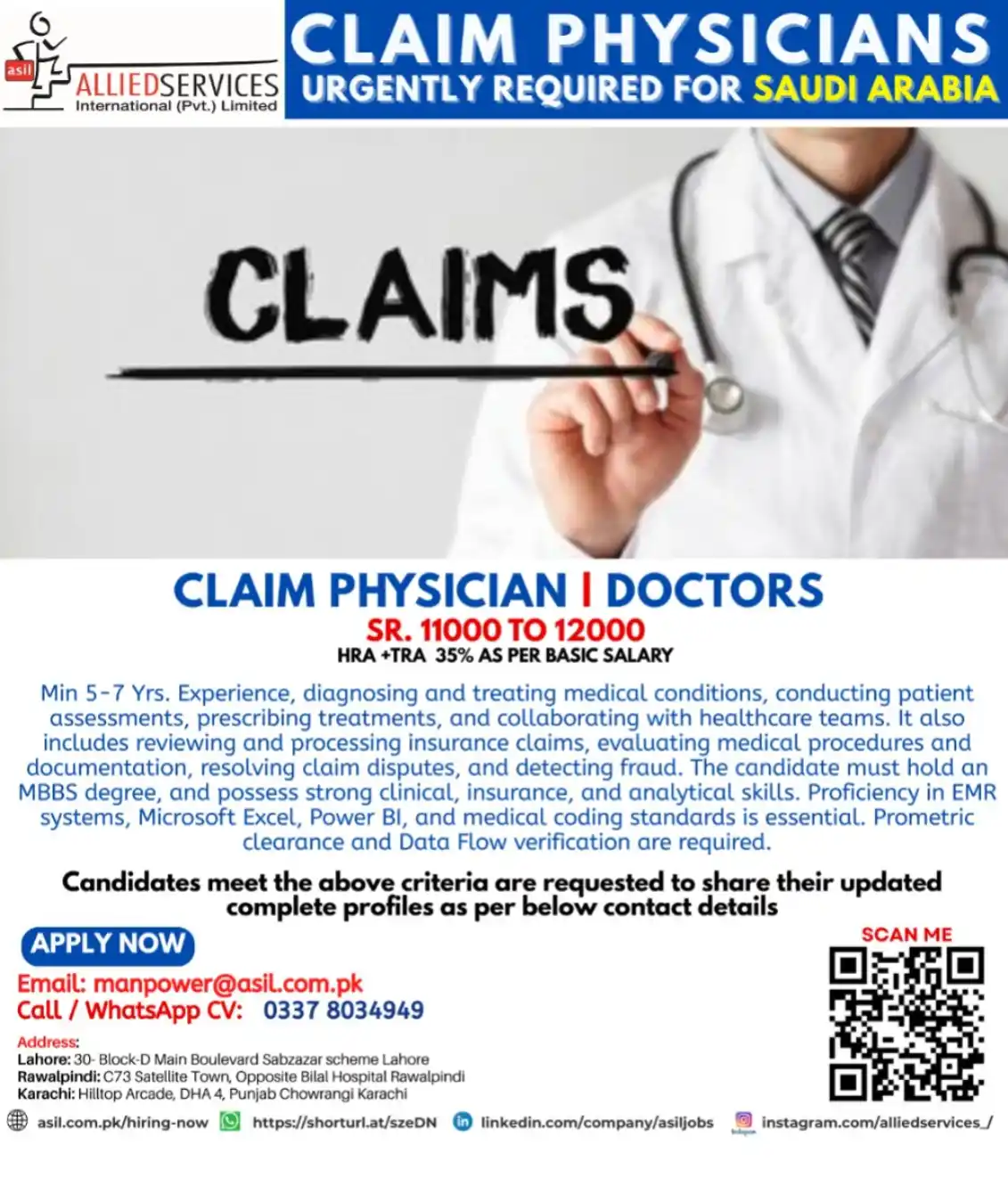 Image from Allied Services International Private Limited Gulf Jobs (Saudi UAE Qatar) By Allied Services: 🚨 Urgently Hiring – Claim Physicians for Saudi Arabia! 🇸🇦 🔹 Salary...