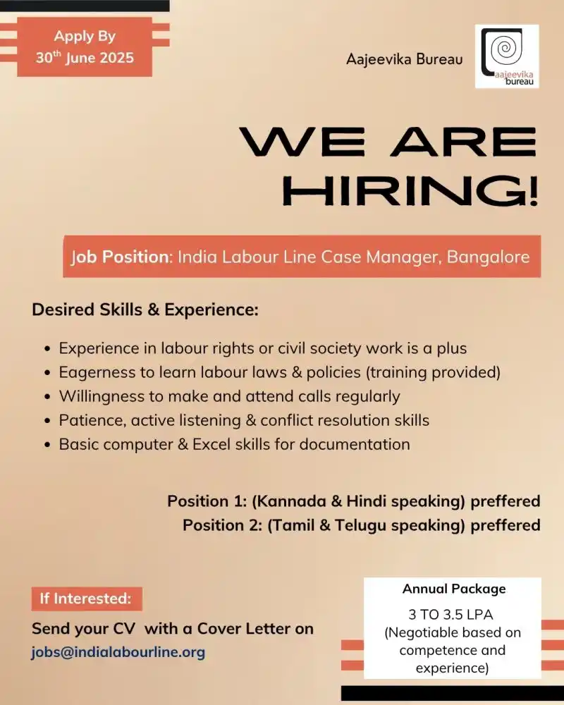 Image from Karnataka Jobs: 📢 We're Hiring! Join Aajeevika Bureau as an India Labour Line Case M...