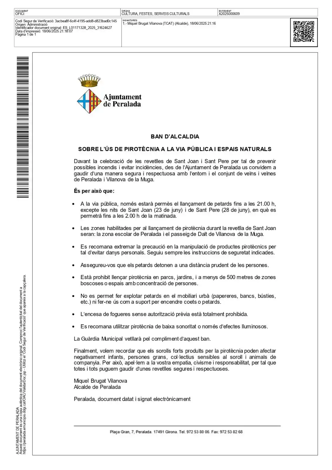 Image from Ajuntament de Peralada: 📄 _Ban d’alcaldia amb mesures de seguretat per a les Revetlles._ Per...