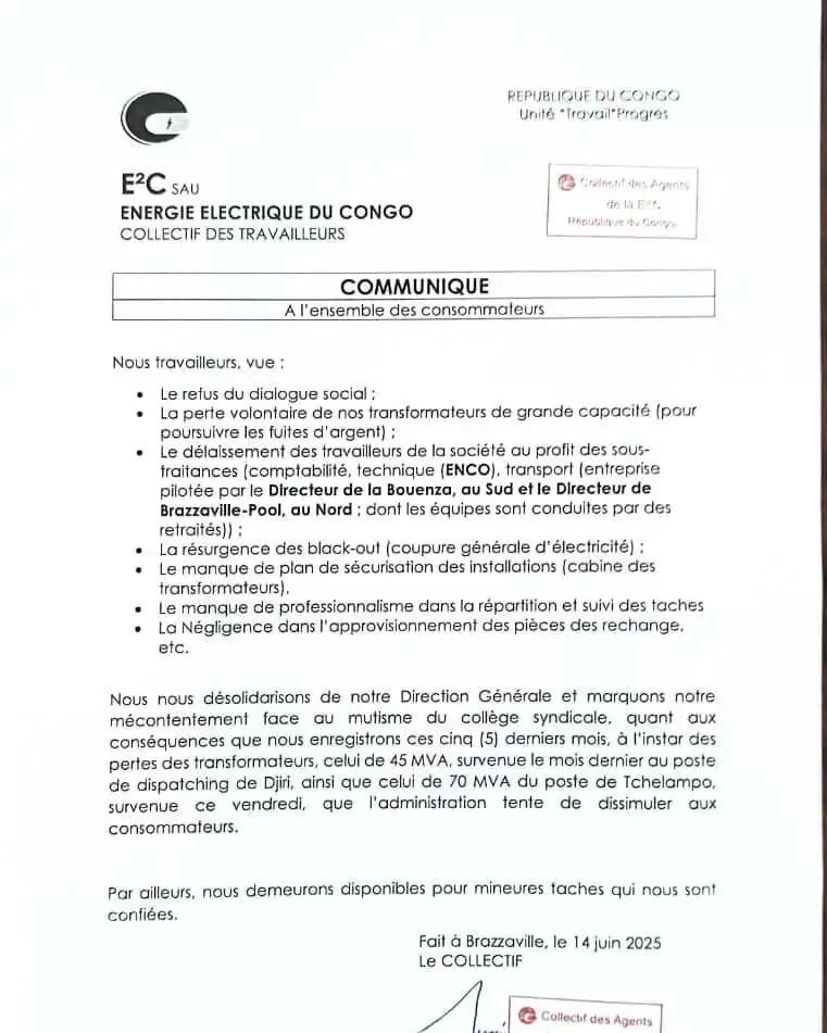 Image from BrazzaNews : Les  travailleurs de l’E²C (Énergie Électrique du Congo) se desolidari...