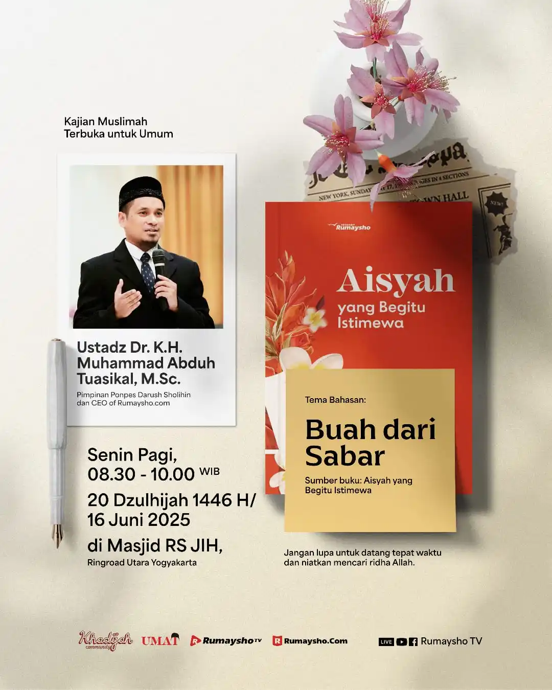 Image from Muhammad Abduh Tuasikal : 📢 Mari kita belajar sabar pagi ini Live YouTube Pagi Ini!!! 📖 BUAH...