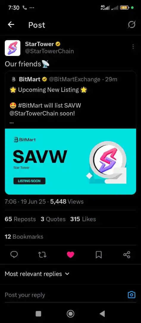 Image from ULTINEX Crypto HUB: 💥 *STARTOWERCHAIN LISTING NEWS!* 💥  *SAVW will be Listed on BITMART ...