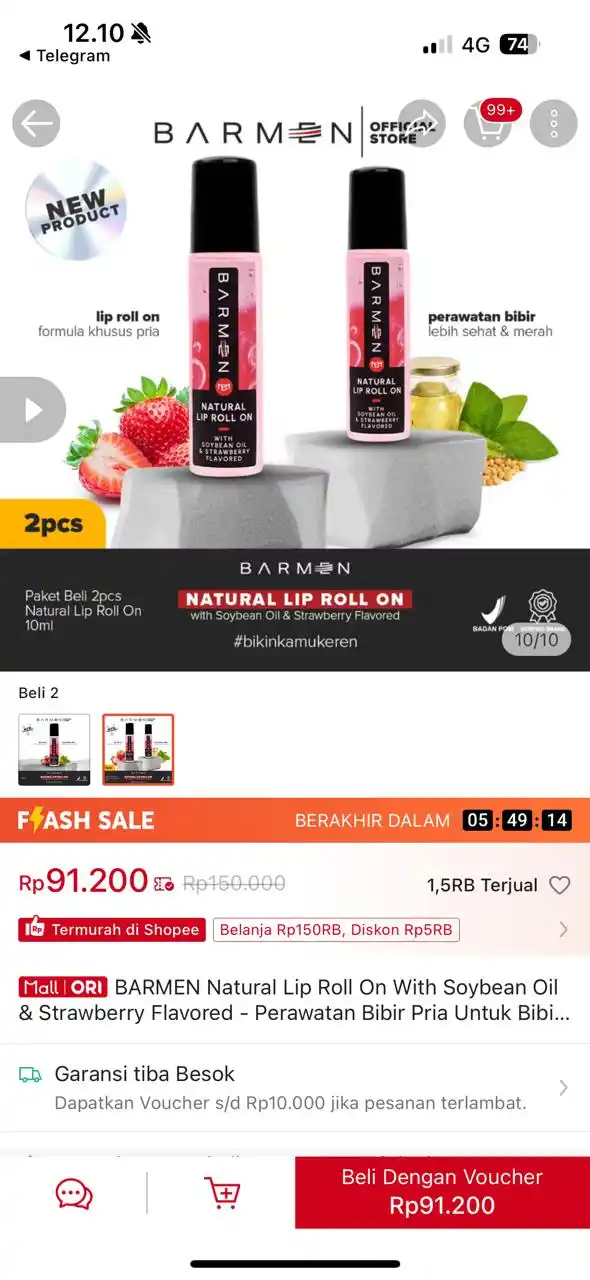 Image from PROMO BELANJA ONLINE: Temukan BARMEN Natural Lip Roll On With Soybean Oil & Strawberry Flavo...