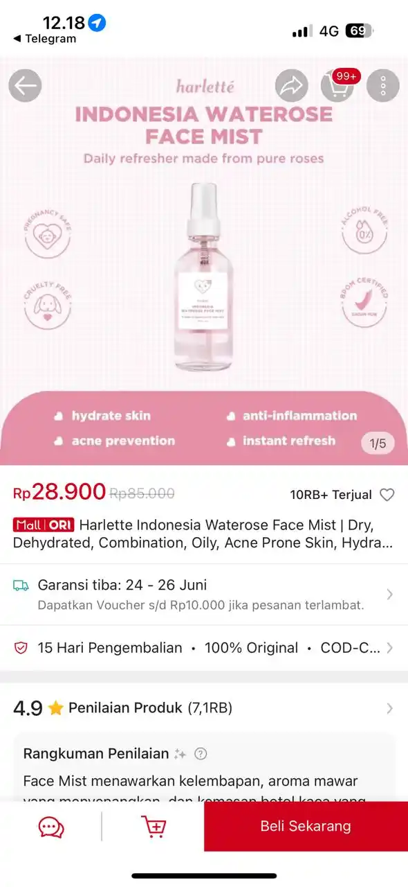 Image from PROMO BELANJA ONLINE: Temukan Harlette Indonesia Waterose Face Mist | Dry, Dehydrated, Combi...