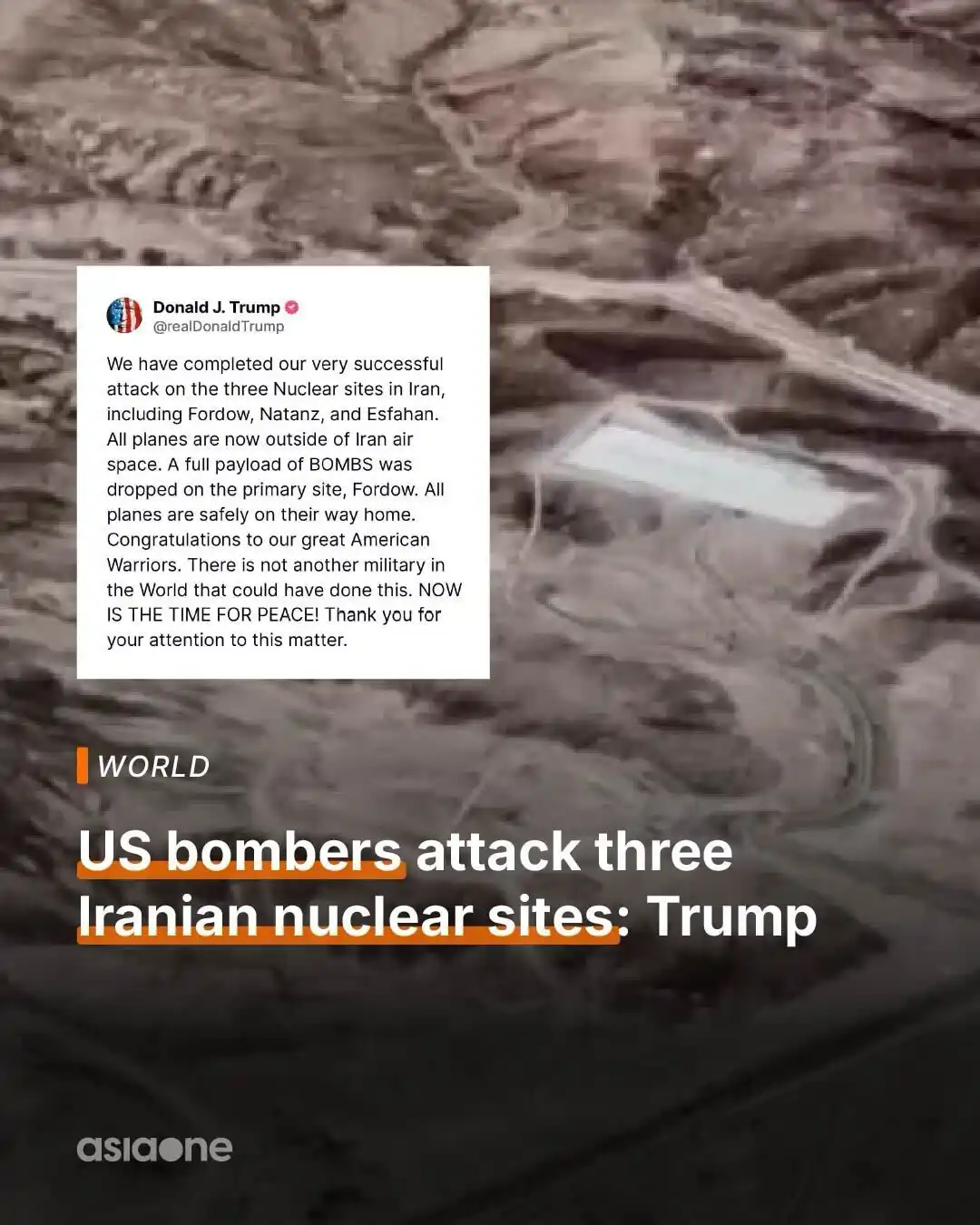 Image from AsiaOne: US bombers attack three Iranian nuclear sites: Trump  The United State...