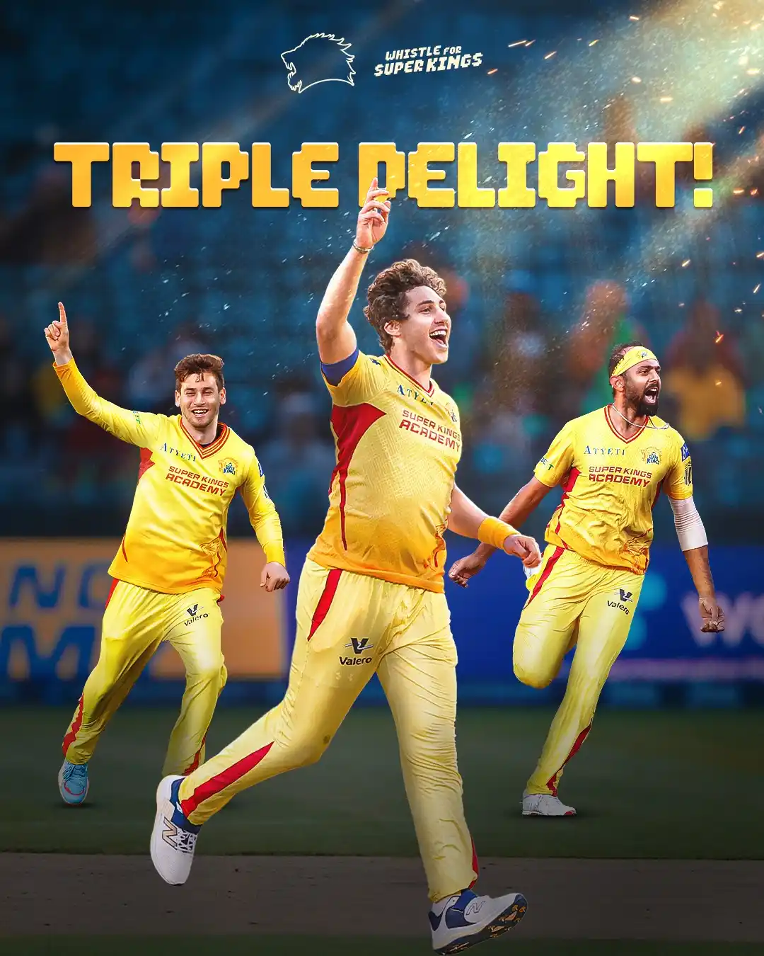 Image from Texas Super Kings: 3️⃣ of a kind! 🫶✨ 𝐅𝐢𝐞𝐫𝐲 🔛 the field! 🦁🙌  <a class="text-blue-...