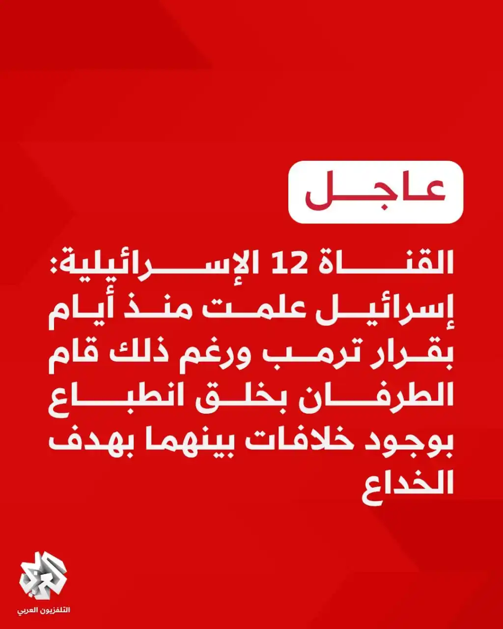 Image from التلفزيون العربي - تركيا : عاجل | القناة 12 الإسرائيلية: 📌إسرائيل علمت منذ أيام بقرار ترمب ورغم...