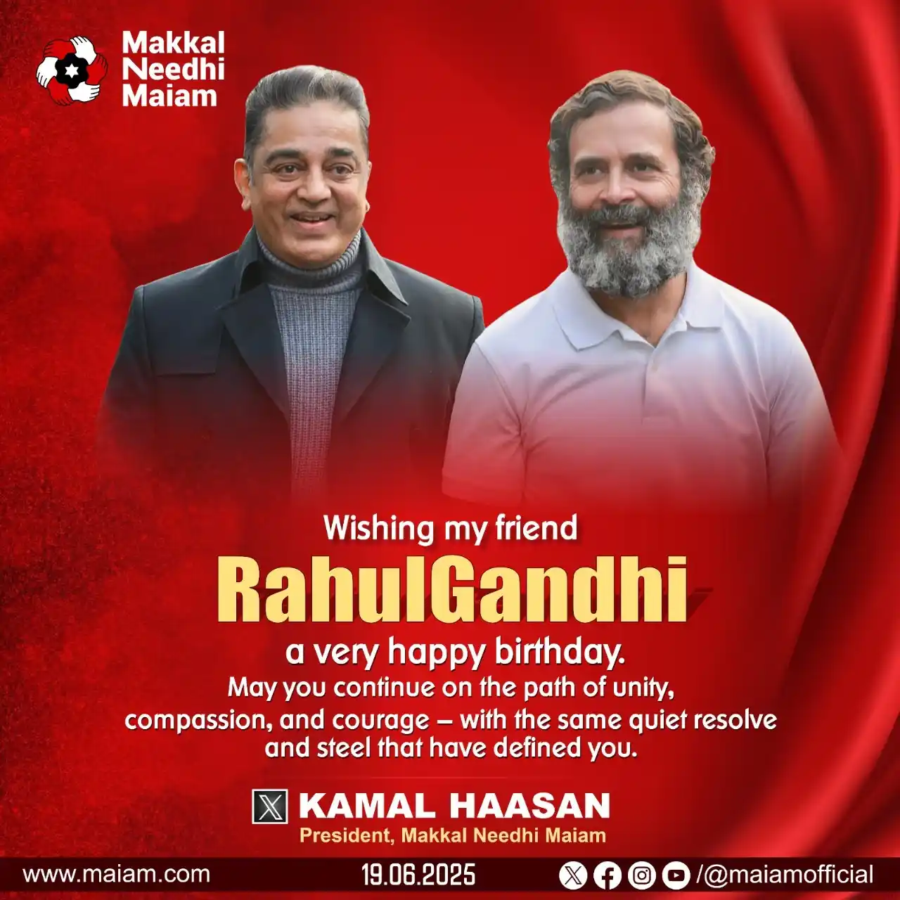 Image from Makkal Needhi Maiam: Makkal Needhi Maiam President Kamal Haasan wishes Rahul Gandhi on his ...