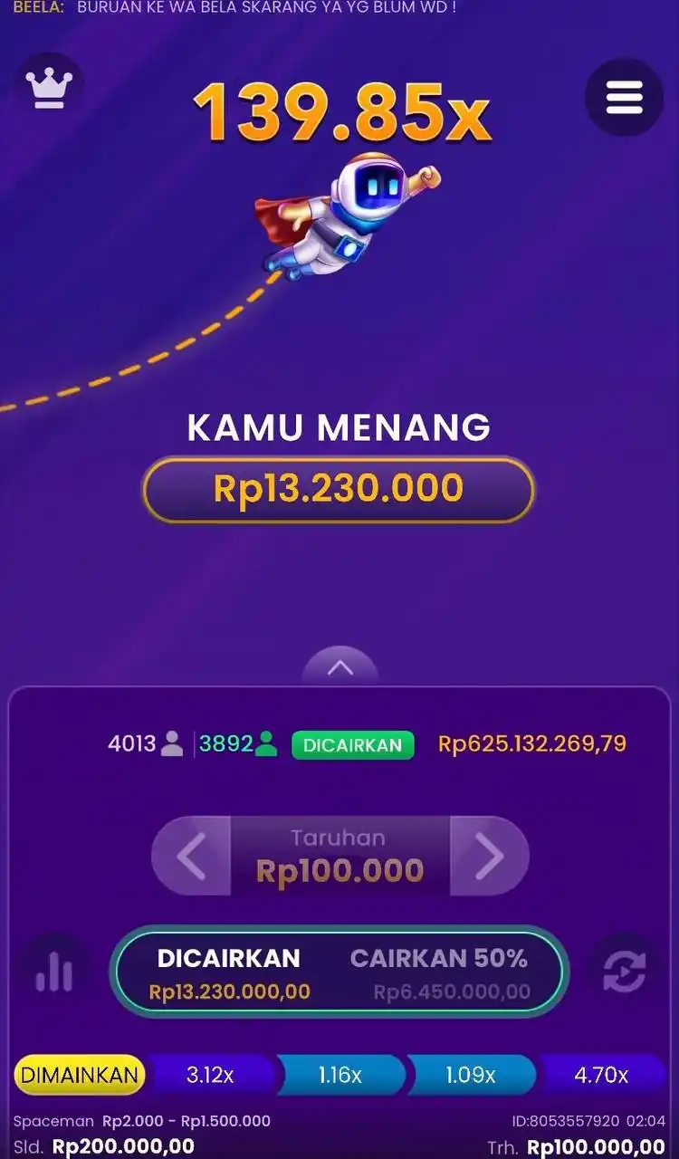 Image from SERVER GAME IND⚡: Malam ini spaceman terbang tinggi🚀 Modal 100k langsung cair 13,2 juta...