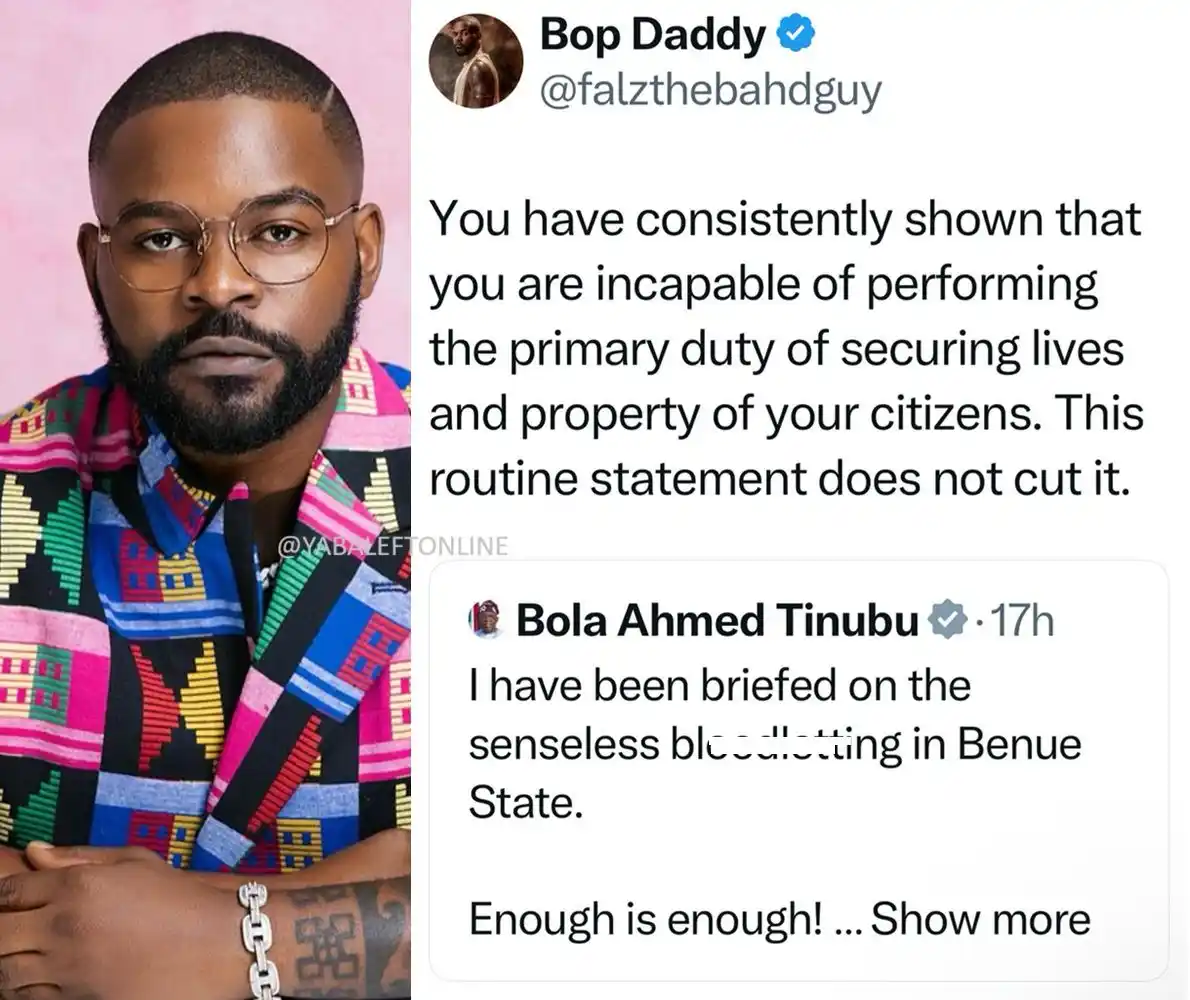 Image from YabaLeftOnline Media: Rapper Falz reacts to President Tinubu's statement about the Benue k!l...