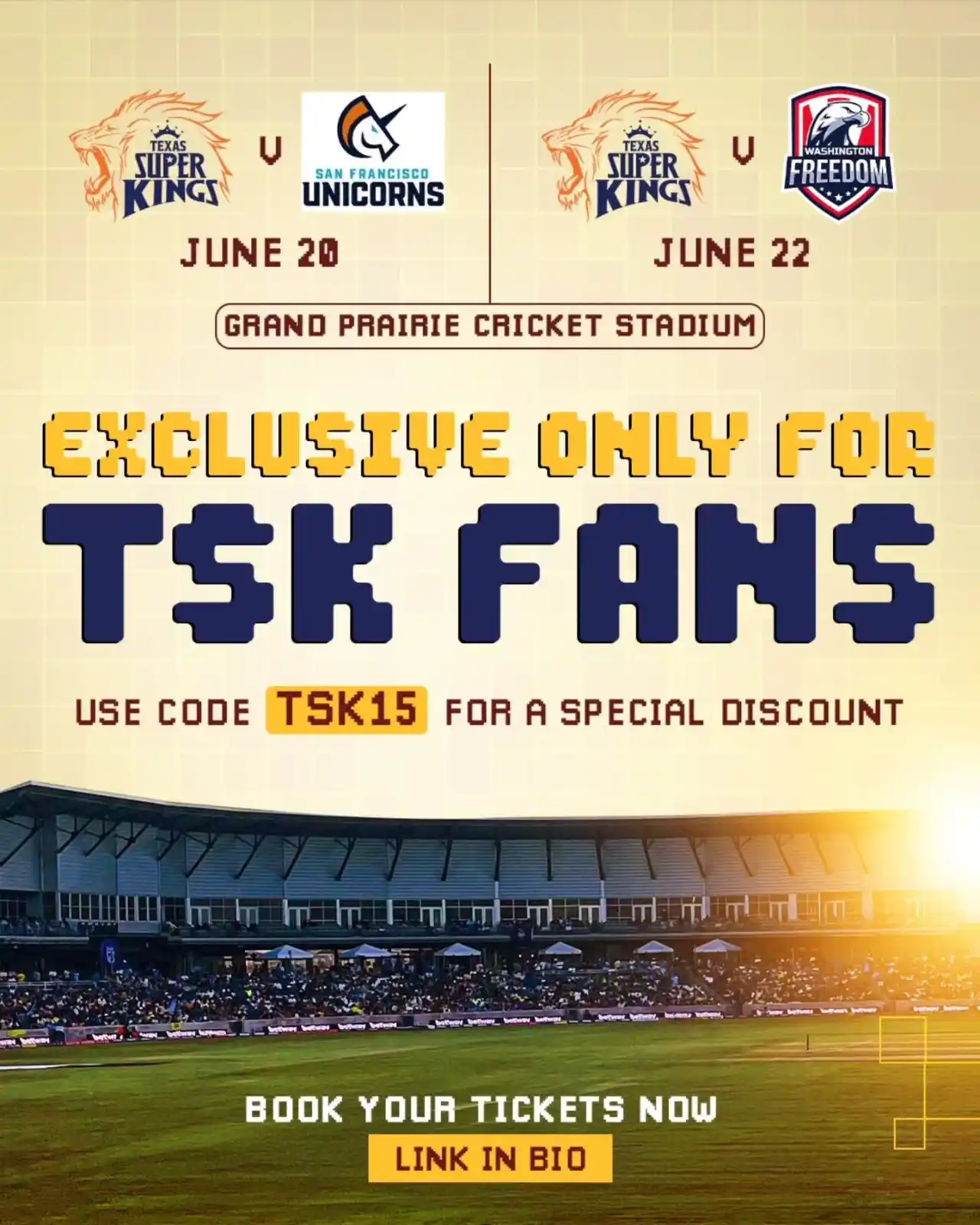 Image from Texas Super Kings: Texas, are you ready? 🤩 Home Game. Home Crowd! 🥳💛 Your seats are ...