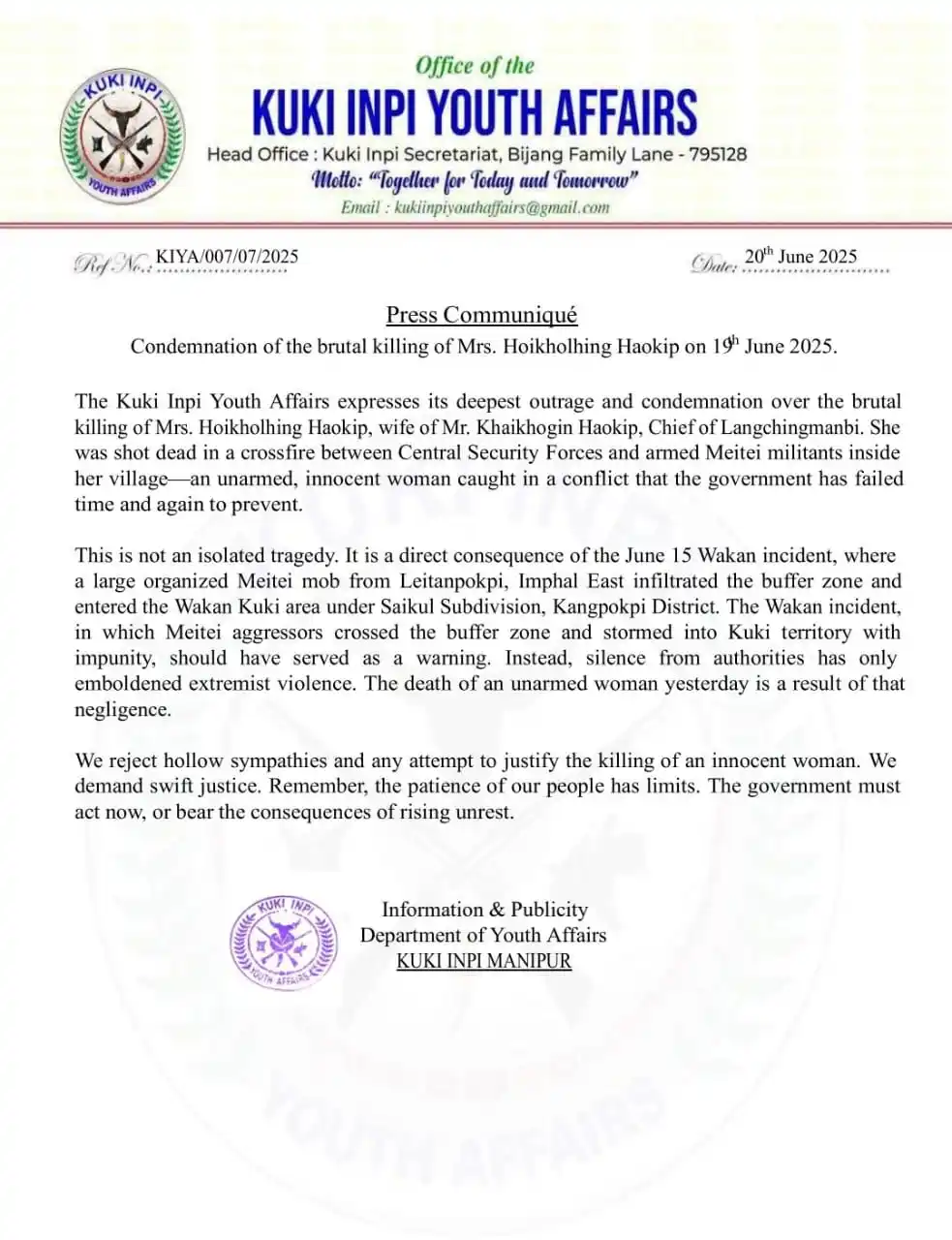Image from KUKI UNITED: 20th June 2025  Press Communique   Condemnation of the brutal killing ...