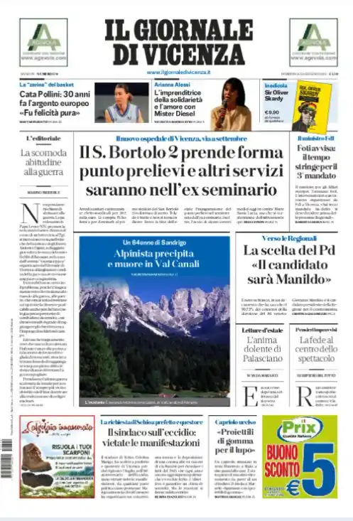 Image from Il Giornale di Vicenza: 🗞️☕ Buongiorno e buona domenica con la prima pagina de Il Giornale di...