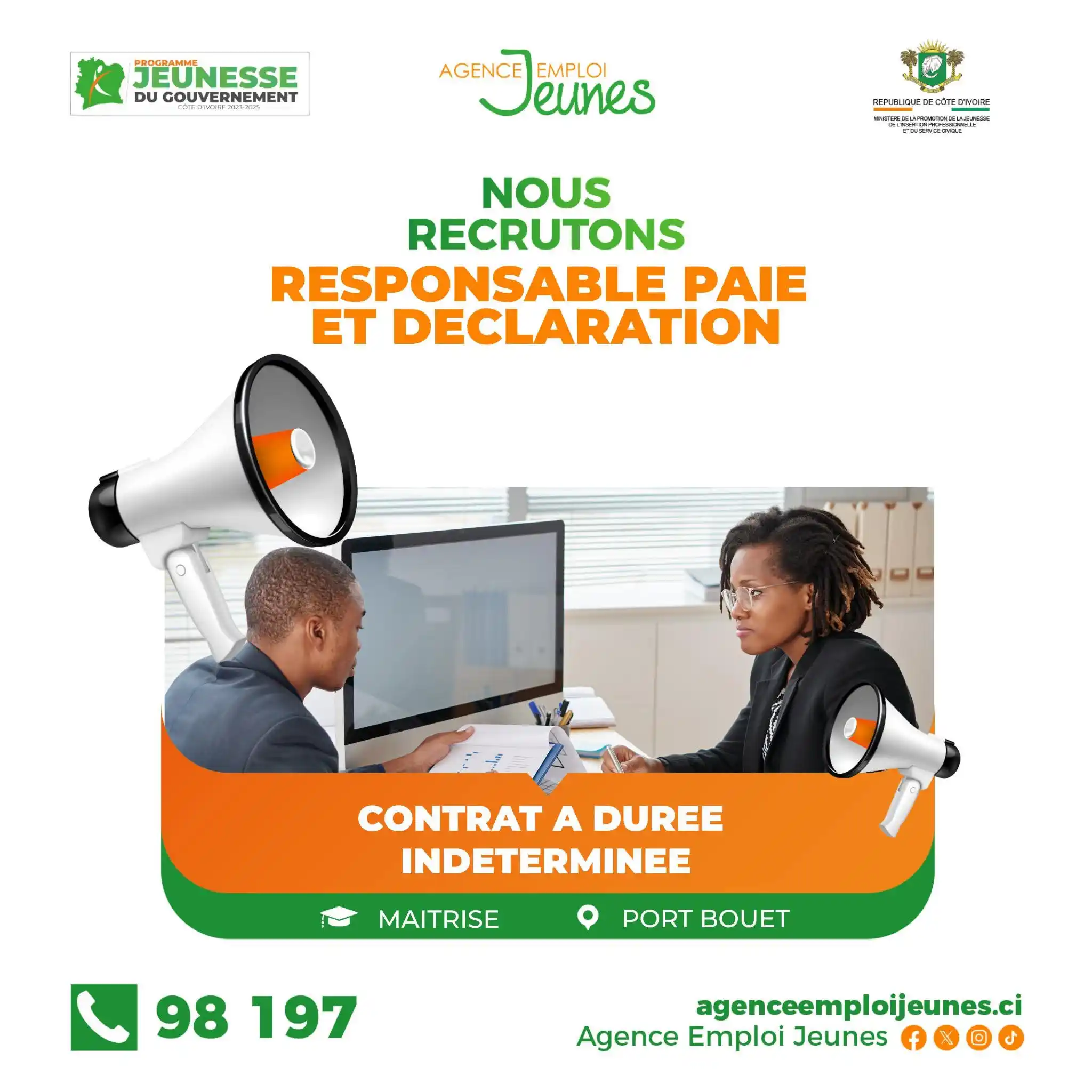 Image from MINISTÈRE DE LA PROMOTION DE LA JEUNESSE, DE L'INSERTION PROFESSIONNELLE ET DU SERVICE CIVIQUE: 𝐂𝐃𝐈   L'Agence Emploi Jeunes recherche 𝟏 𝐑𝐞𝐬𝐩𝐨𝐧𝐬𝐚𝐛𝐥𝐞 𝐩...