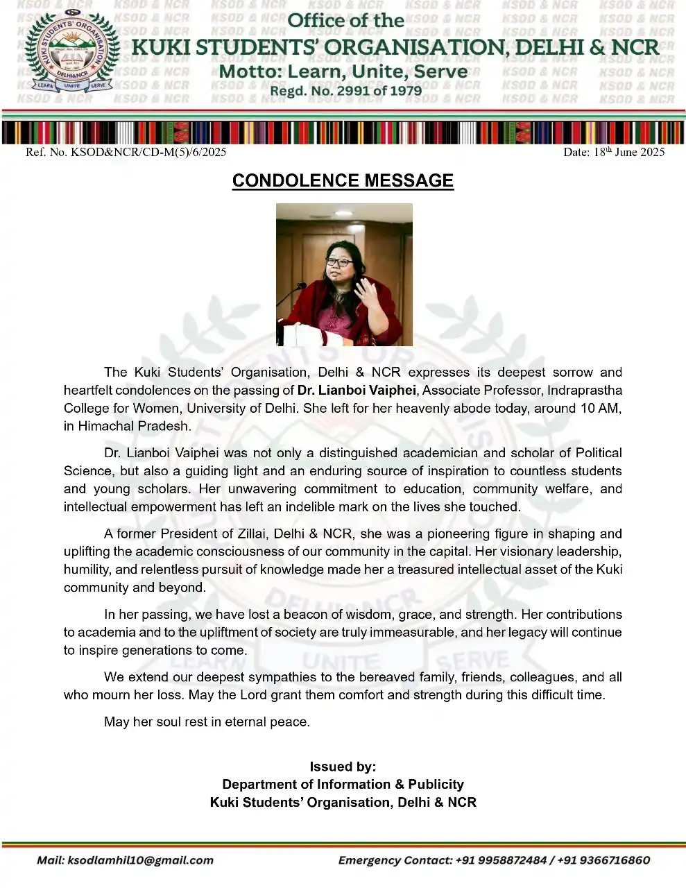 Image from KUKI UNITED: *CONDOLENCE MESSAGE* 18-06-2025 The Kuki Students’ Organisation, Del...