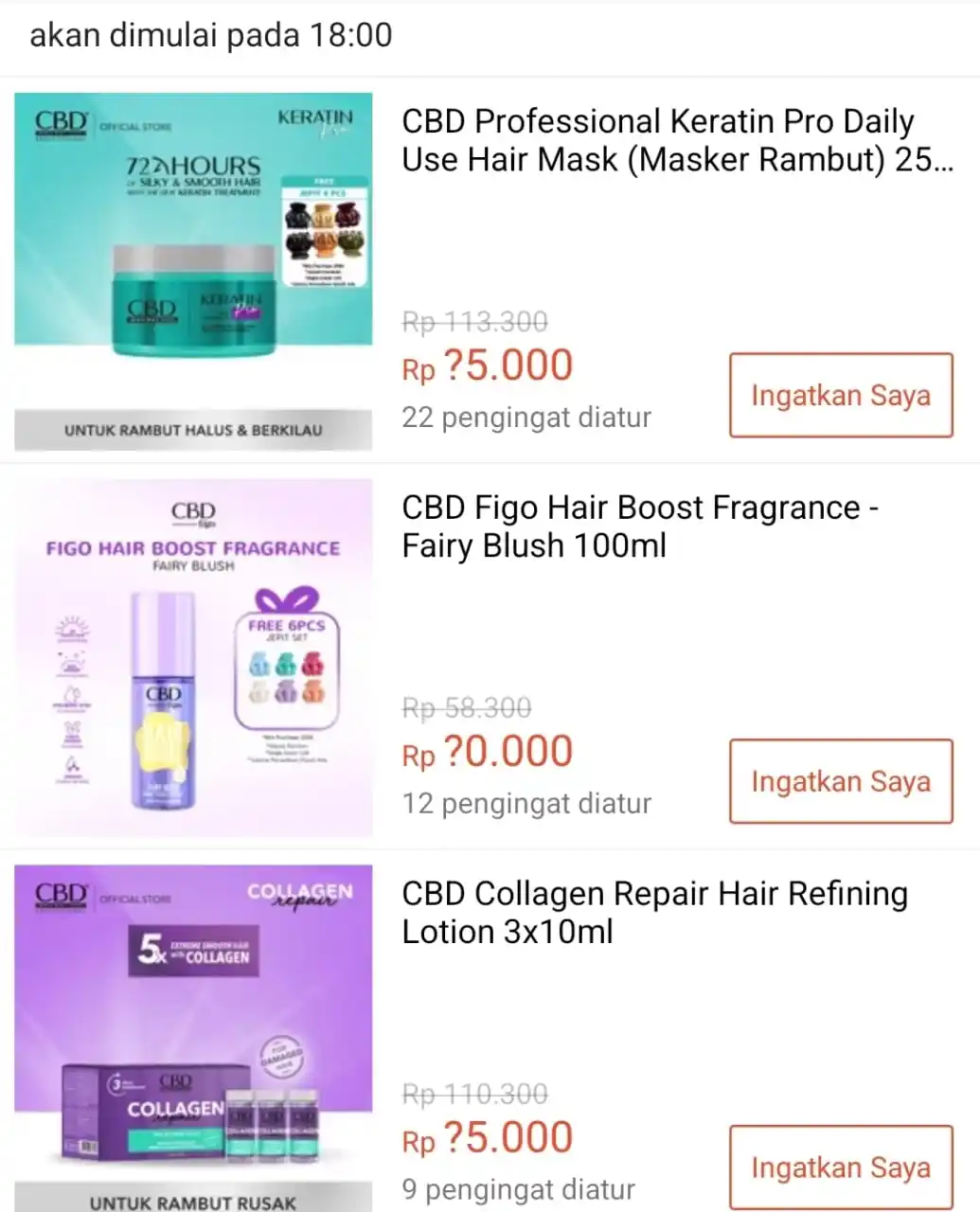 Image from Info Garapan Promo Indomaret Alfamart Racun Shopee Lazada Tokopedia Blibli Tiktok Superin Gojek Grab: FlashSale CBD  ⏰18:00 WIB  Rp35.000 CBD Professional Keratin Pro Daily...