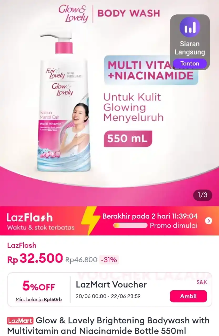 Image from Info Garapan Promo Indomaret Alfamart Racun Shopee Lazada Tokopedia Blibli Tiktok Superin Gojek Grab: Glow & Lovely Brightening Bodywash with Multivitamin and Niacinamide B...