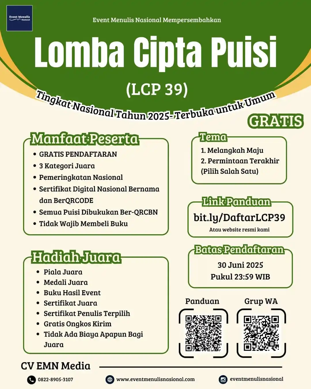 Image from LPM GEMERCIK: 📣 *LOMBA CIPTA PUISI (LCP 39)* Diselenggarakan oleh *Event Menulis Na...