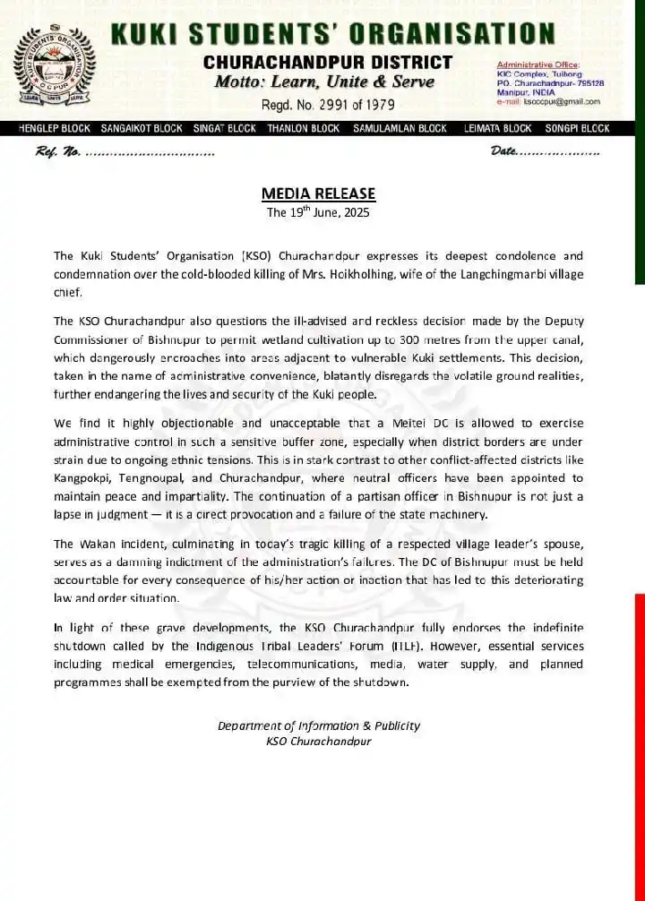 Image from KUKI UNITED: *MEDIA RELEASE* The 19th June, 2025 The Kuki Students' Organisation (...